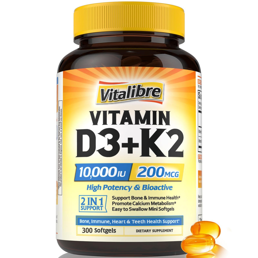 Vitalibre Vitamina D3 K2 en botella, lista para apoyar huesos.