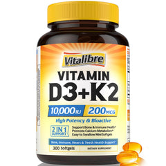 Vitalibre Vitamina D3 K2 en botella, lista para apoyar huesos.