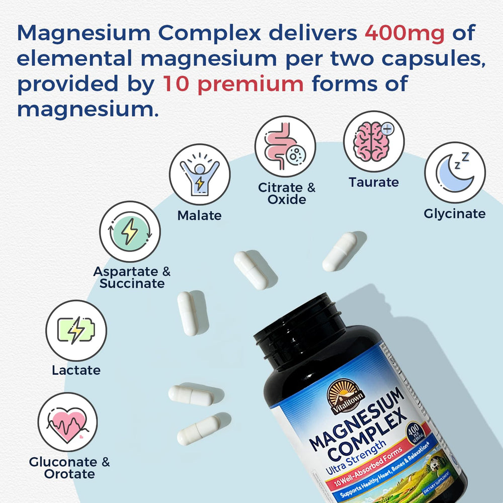 Vitalitown etiqueta de ingredientes resaltando las diez formas de magnesio y pureza