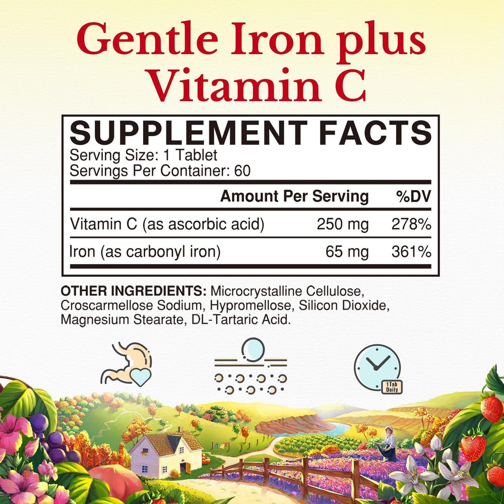 Vitalitown ingredientes con vitamina C y hierro en primer plano - absorción mejorada