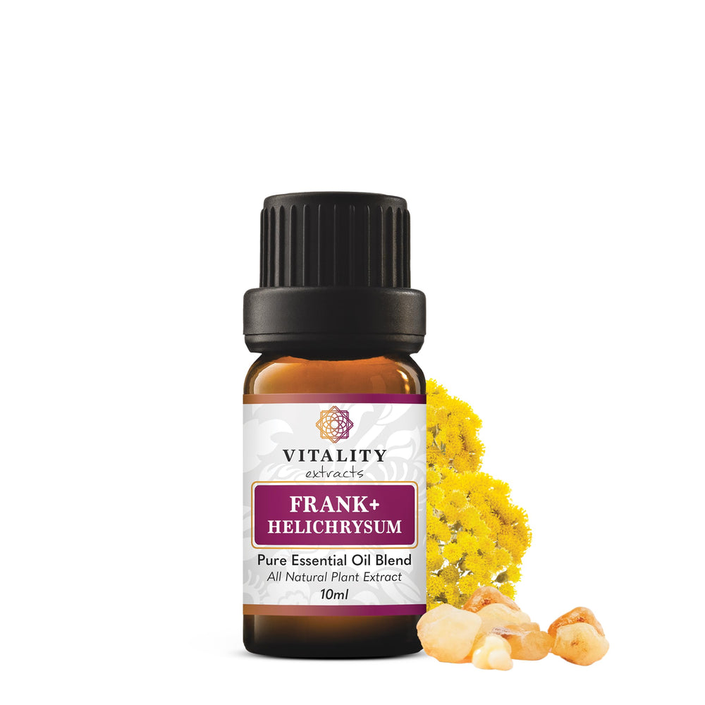 Vitality botella frontal de Frank+ Helichrysum con etiqueta visible y beneficio aromático