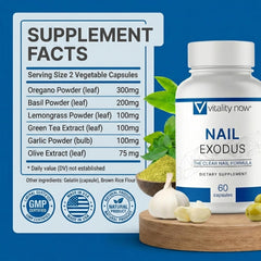 Vitality Now frasco Nail Exodus junto a una regla para comparar tamaño