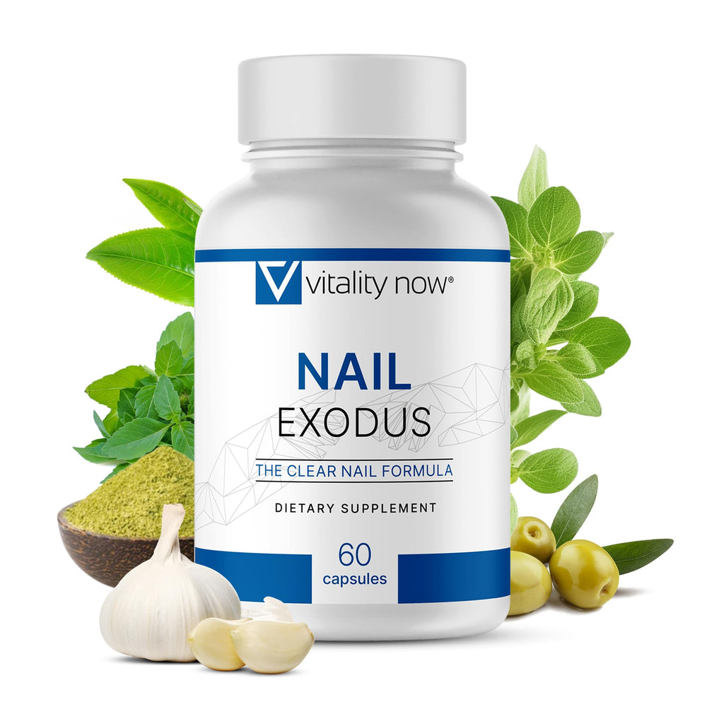 Vitality Now frasco Nail Exodus visto de frente con etiqueta clara y beneficios