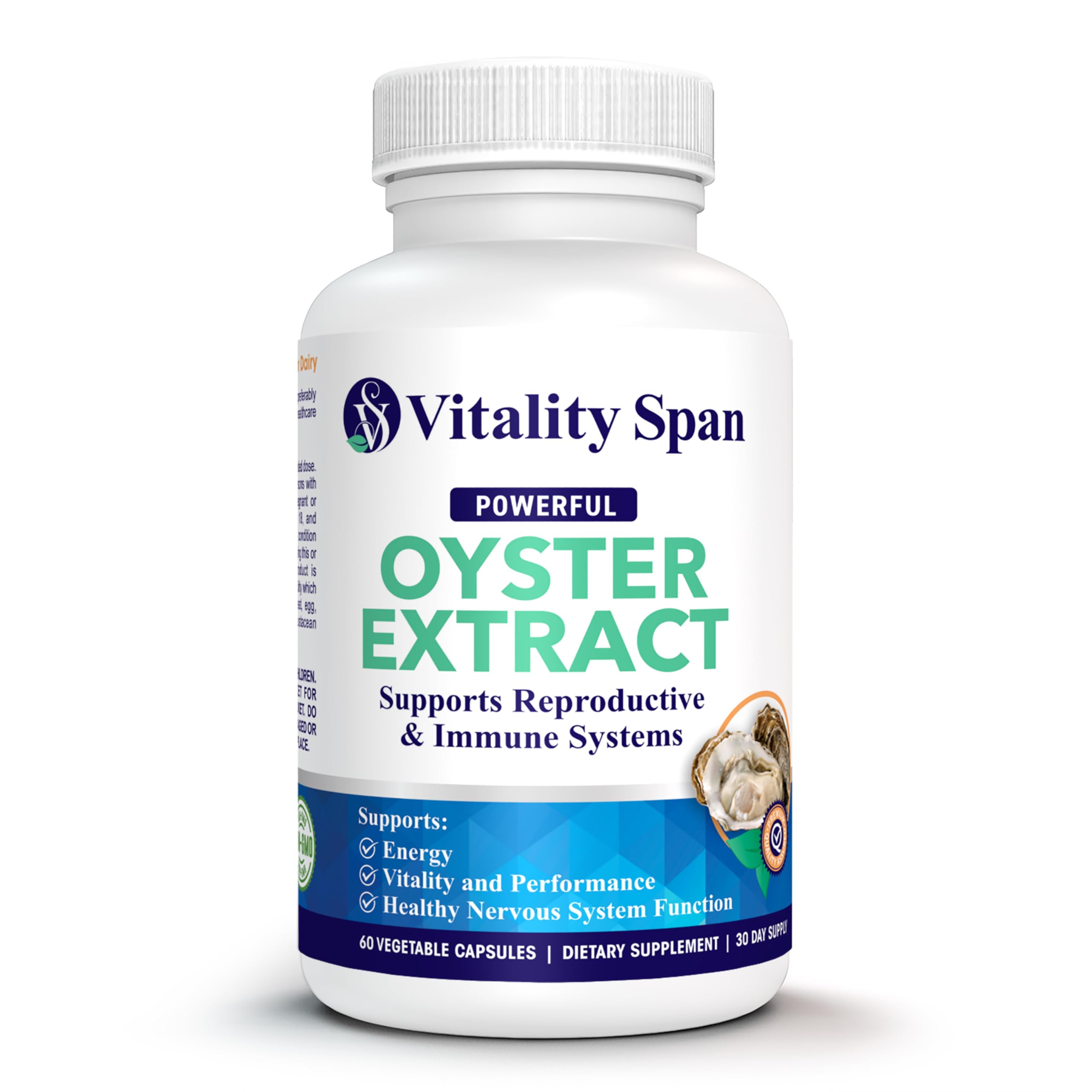 Vitality Span frasco delante mostrando diseño y cantidad del producto
