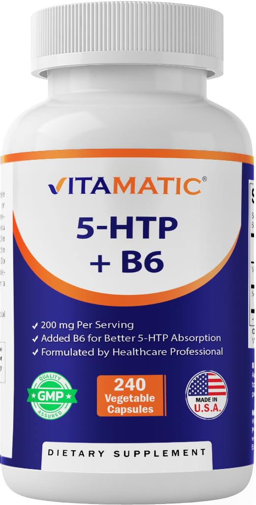 Vitamatic 5-HTP: botella de cápsulas; posible apoyo al estado de ánimo.