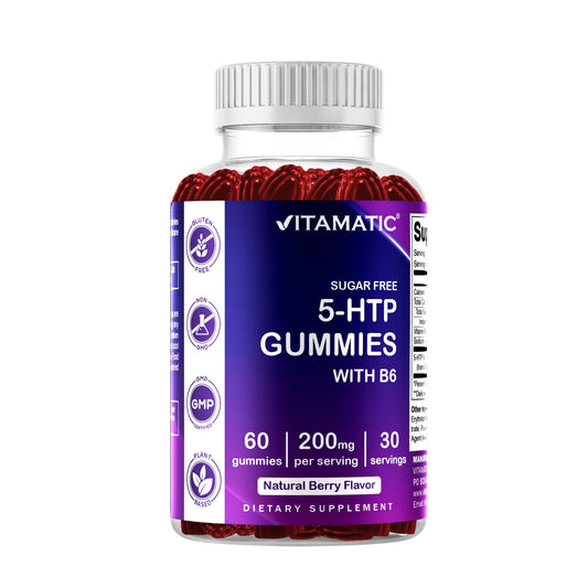 Gomitas Vitamatic 5-HTP sin azúcar en botella, posible apoyo al estado de ánimo.