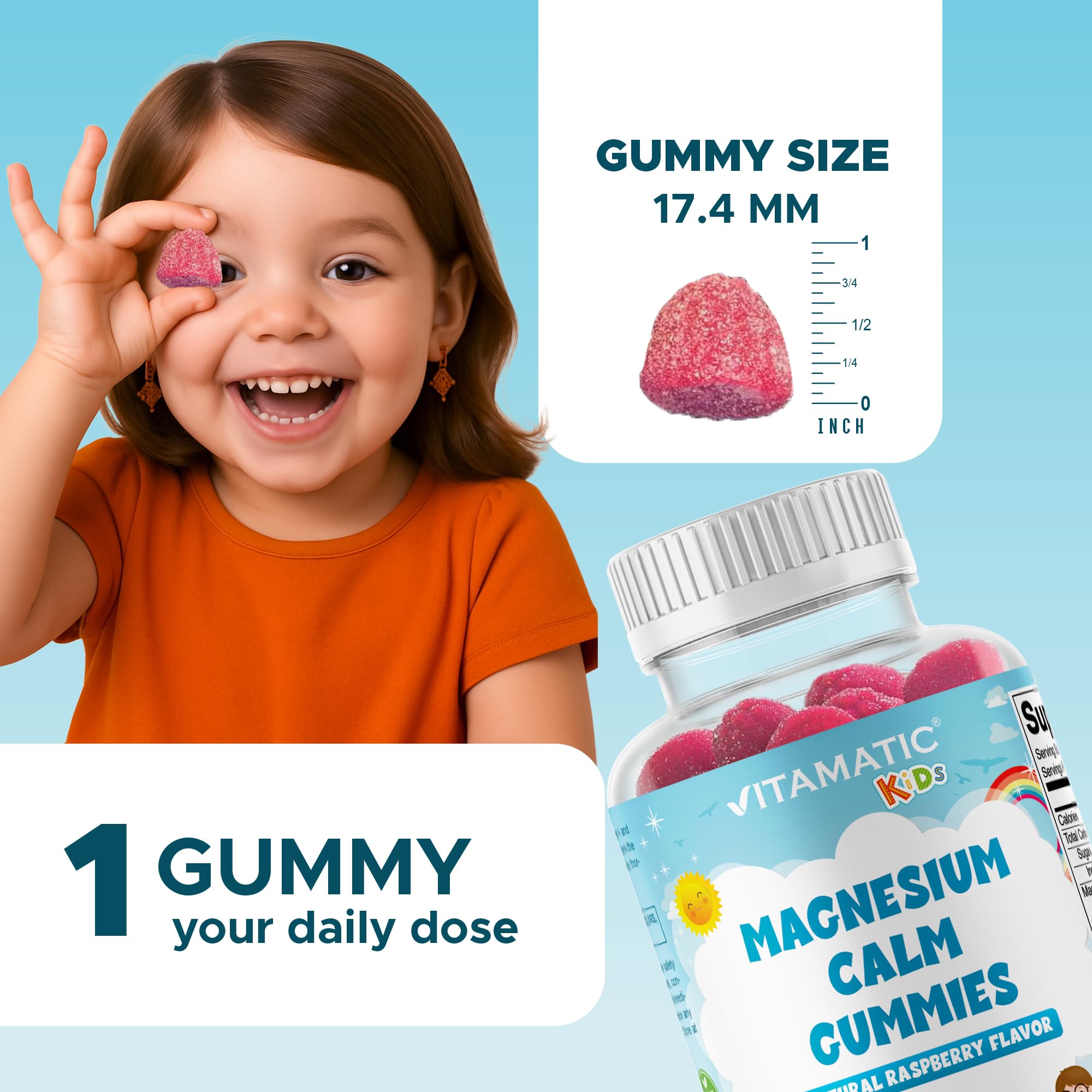 Vitamatic niña tomando gomita, imagen lifestyle que muestra aceptación y facilidad