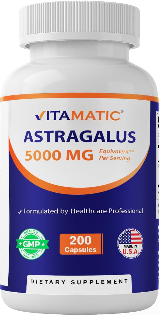 Vitamatic Astrágalo: botella de cápsulas, visualización clara para uso diario y beneficios posibles