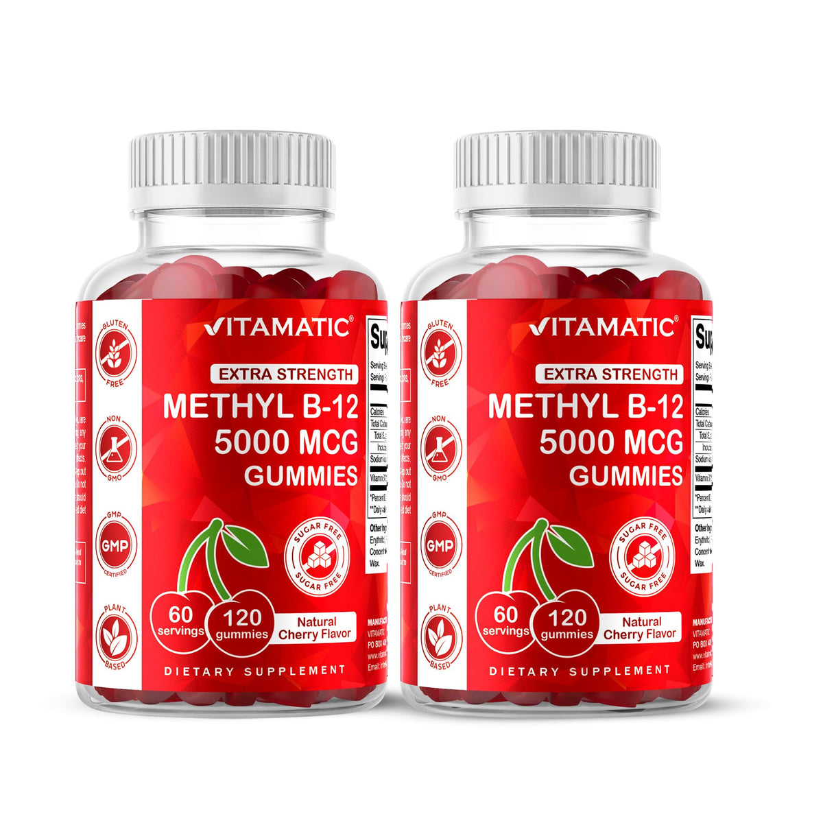 Vitamatic gomitas B12 sabor cereza natural para energía diaria.
