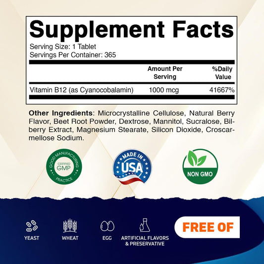 Vitamatic B12 tabletas de 365 para suministro anual.