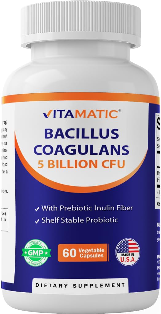 Vitamatic Bacillus Coagulans bottle-front shows compact, shelf-stable probiotic for daily digestive support.
