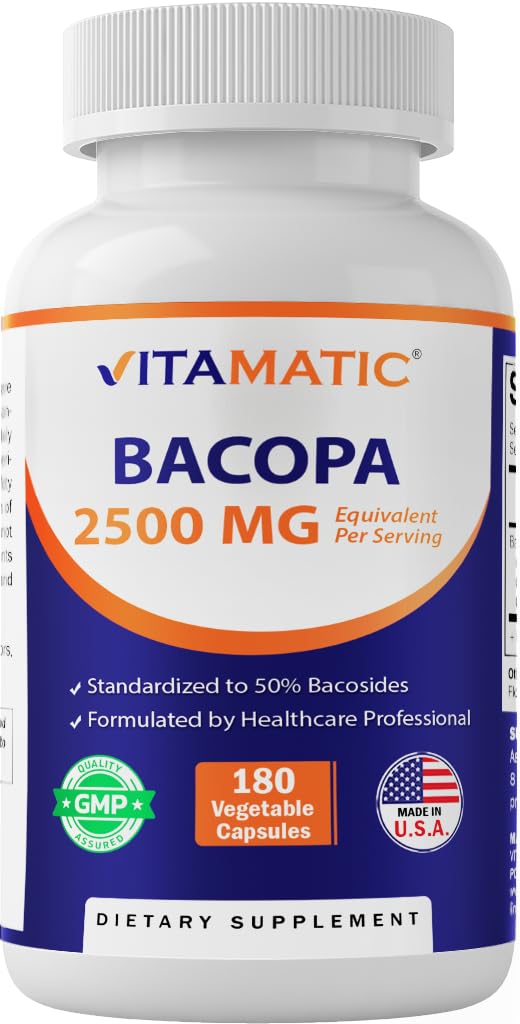 Vitamatic Bacopa bottle front displays 50% bacosides for daily wellness