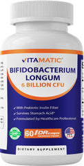 Vitamatic Bifidobacterium Longum, botella de 60 cápsulas, apoyo a la salud intestinal.
