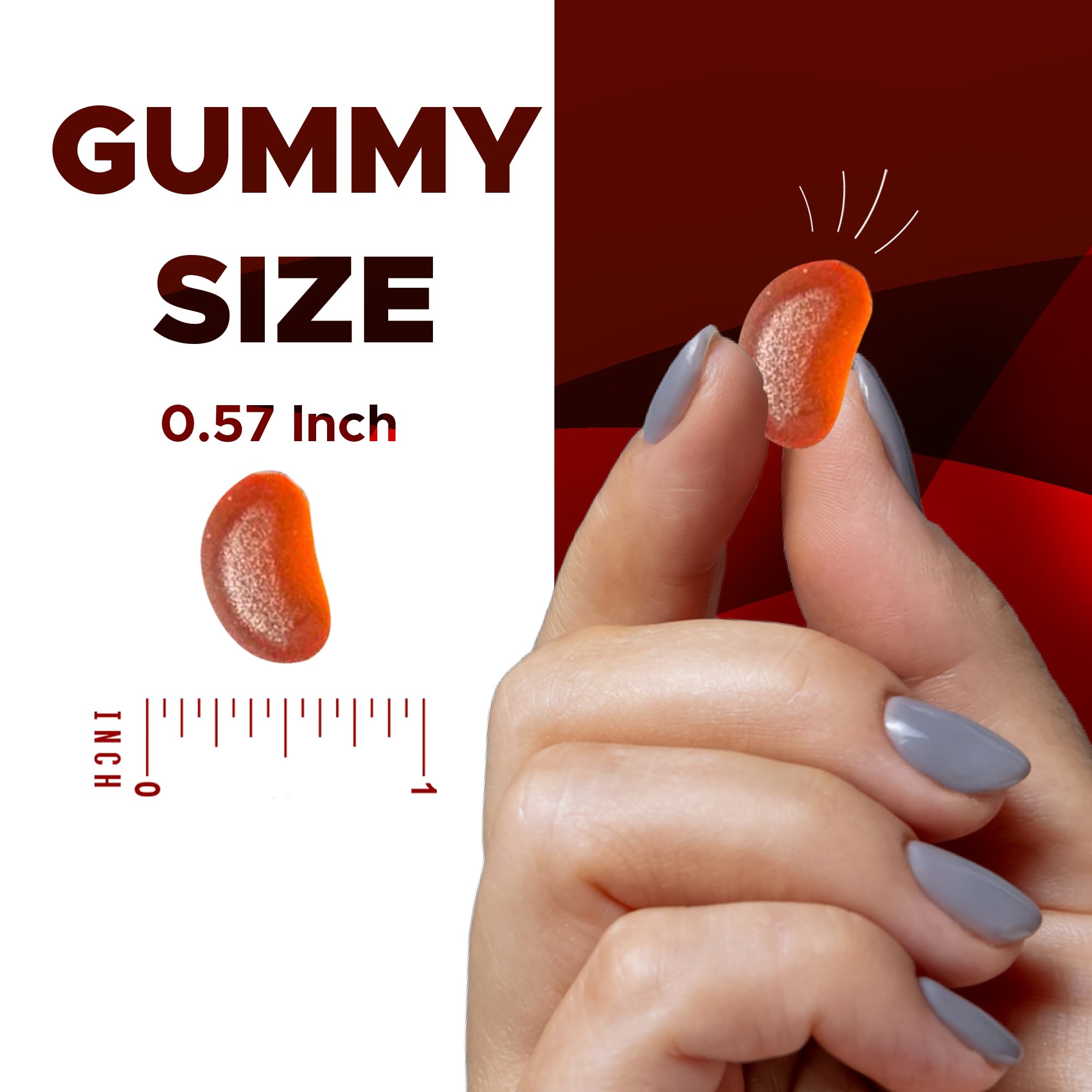 Gominola Vitamatic al lado de una mano para comparar tamaño real