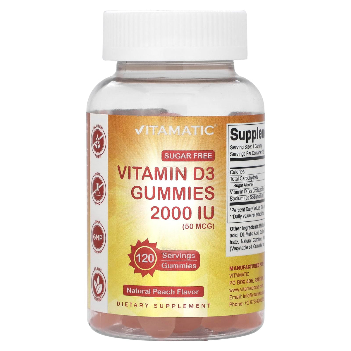 Vitamatic frasco frontal con etiqueta clara y beneficios visibles