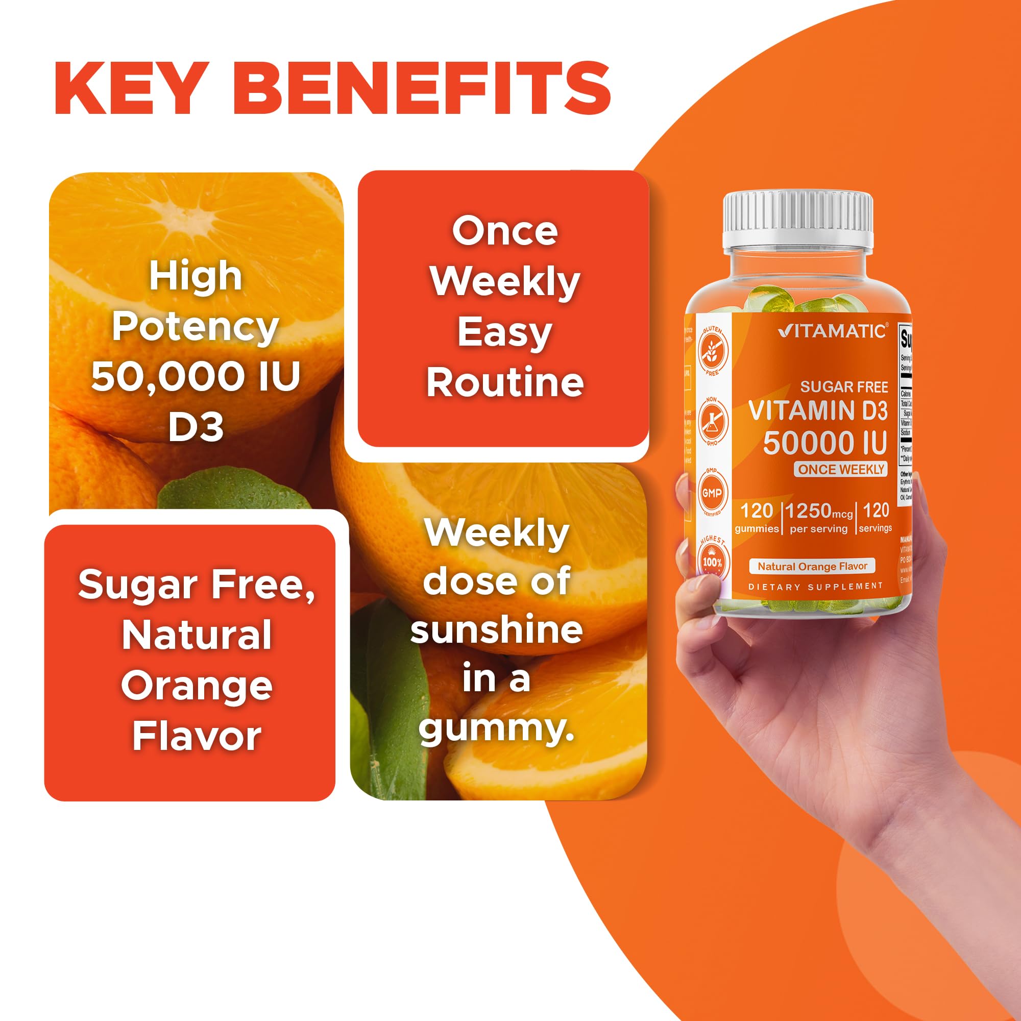 Vitamatic gominola junto a naranja, sabor natural y agradable