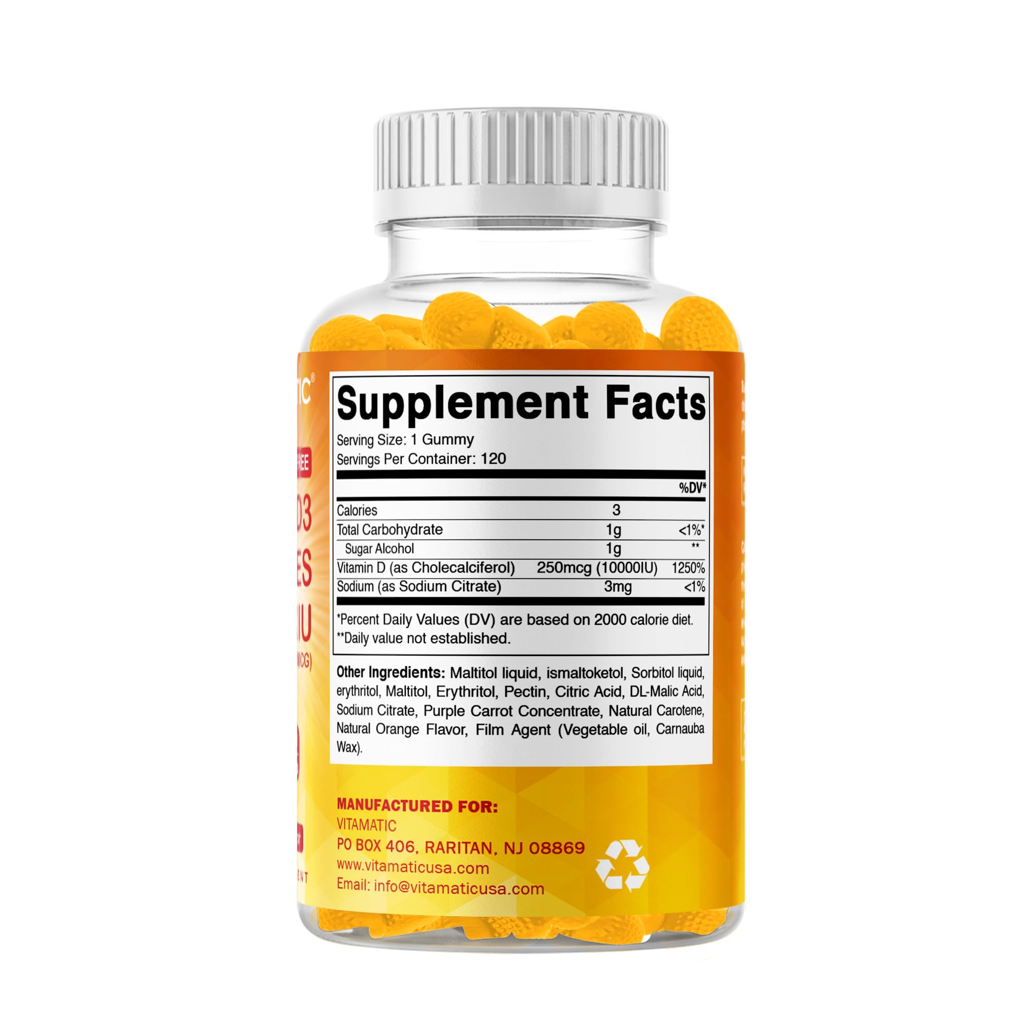 Vitamatic sello GMP en envase enfatizando control de calidad y pureza