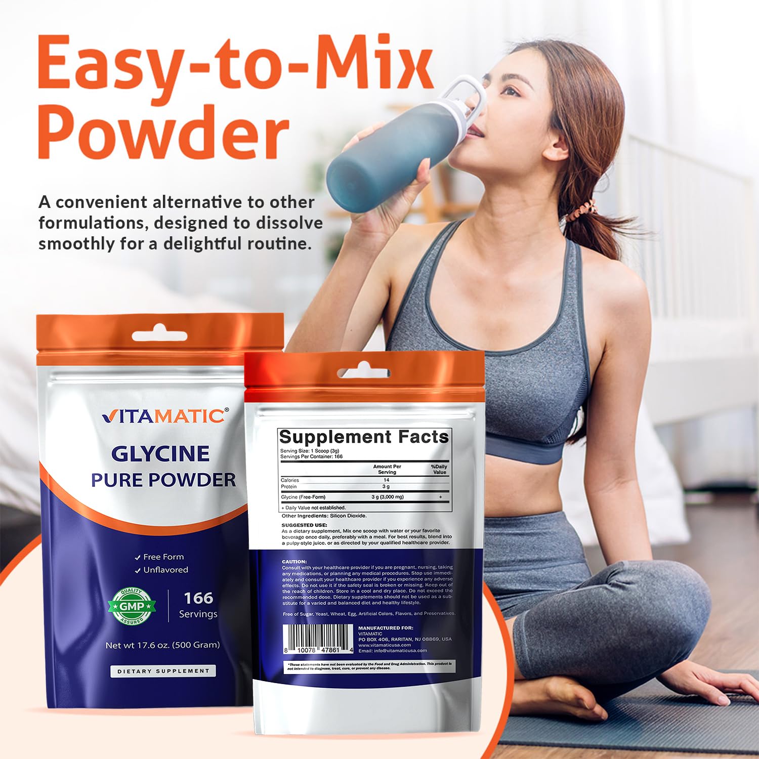 Vitamatic polvo disolviéndose en vaso demostrando mezcla rápida
