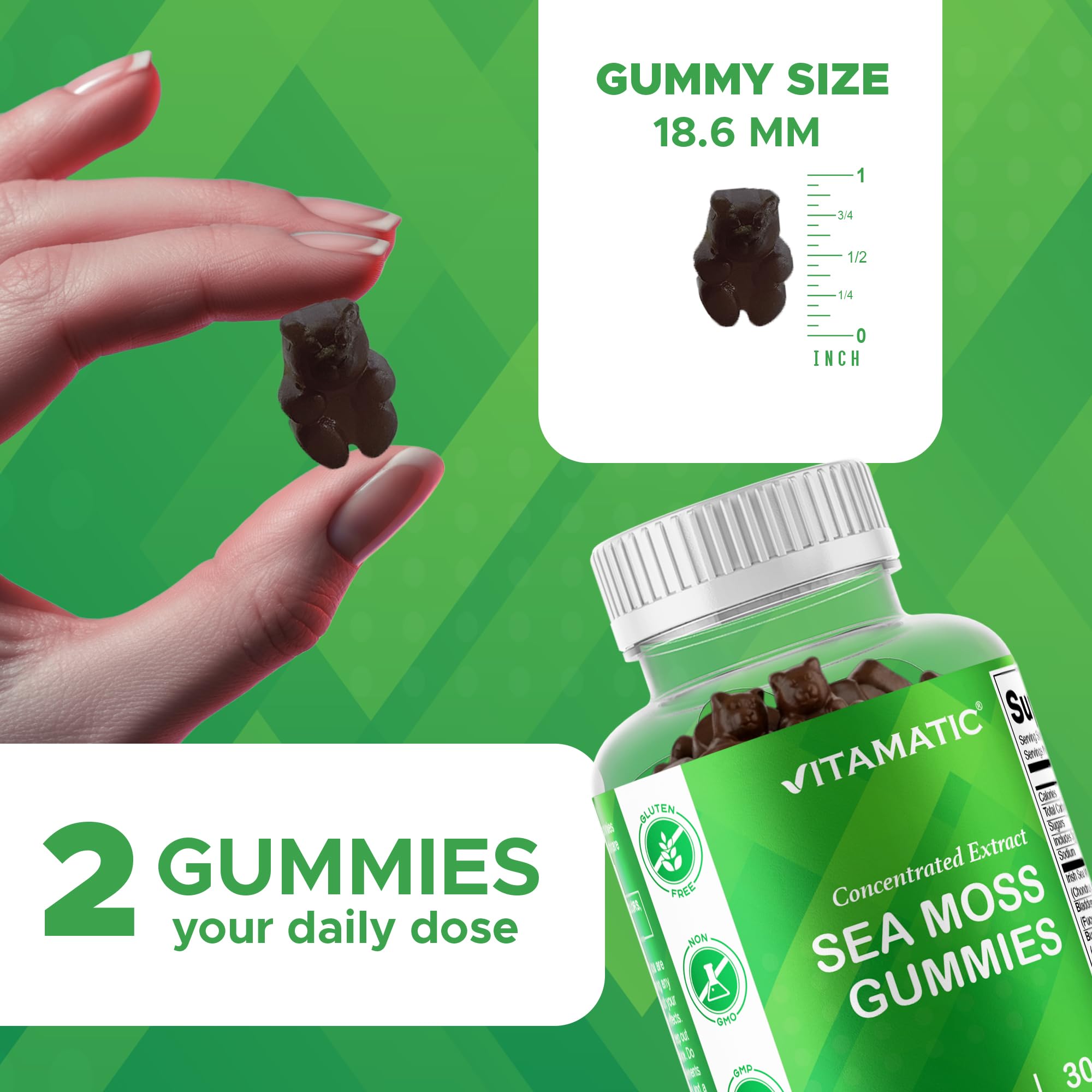 Vitamatic envase abierto con gomitas visibles, cómodo frasco para 30 días