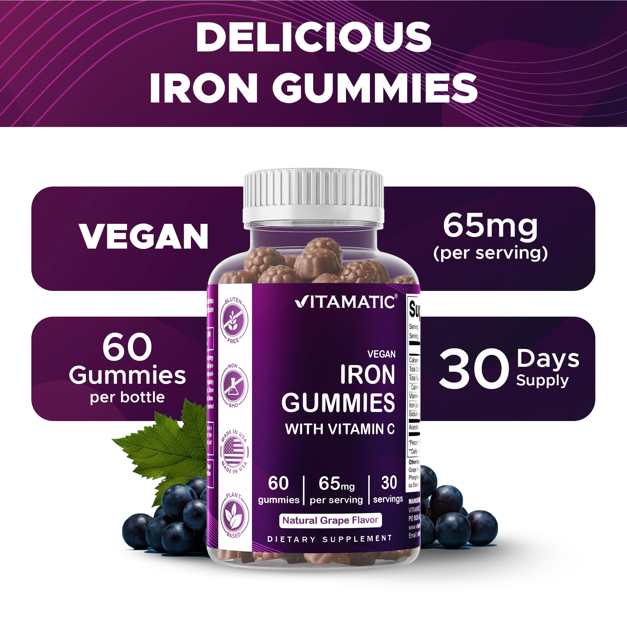 Vitamatic etiqueta nutricional detalle con hierro 65 mg y vitamina C