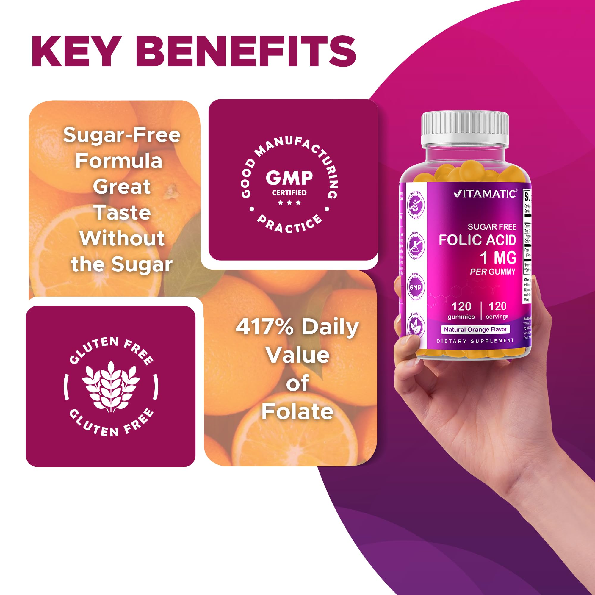 Vitamatic Folic Acid Gummies gluten-free label supports allergy-conscious use.