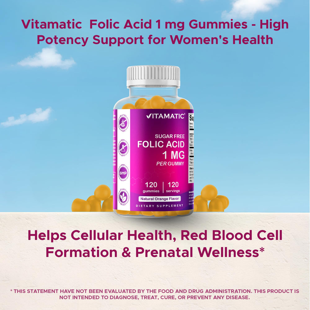 Vitamatic Folic Acid Gummies non-GMO badge signals pure ingredients.