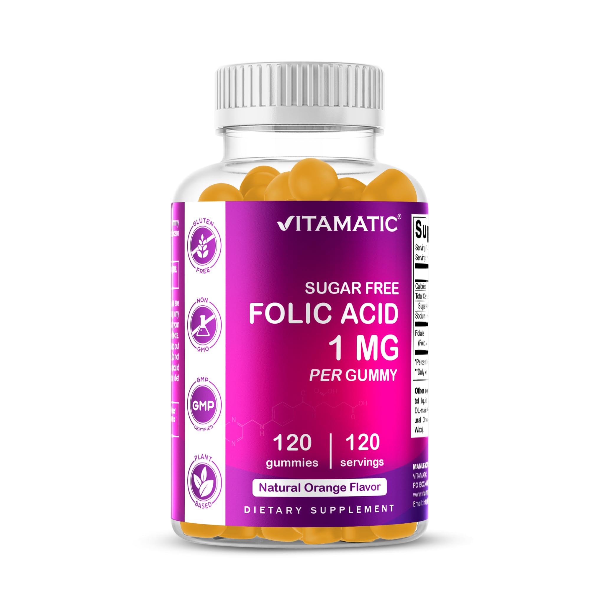 Vitamatic Folic Acid Gummies orange flavor bottle shown for prenatal support.