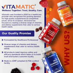 Vitamatic frasco abierto con gomitas dentro, práctico para llevar