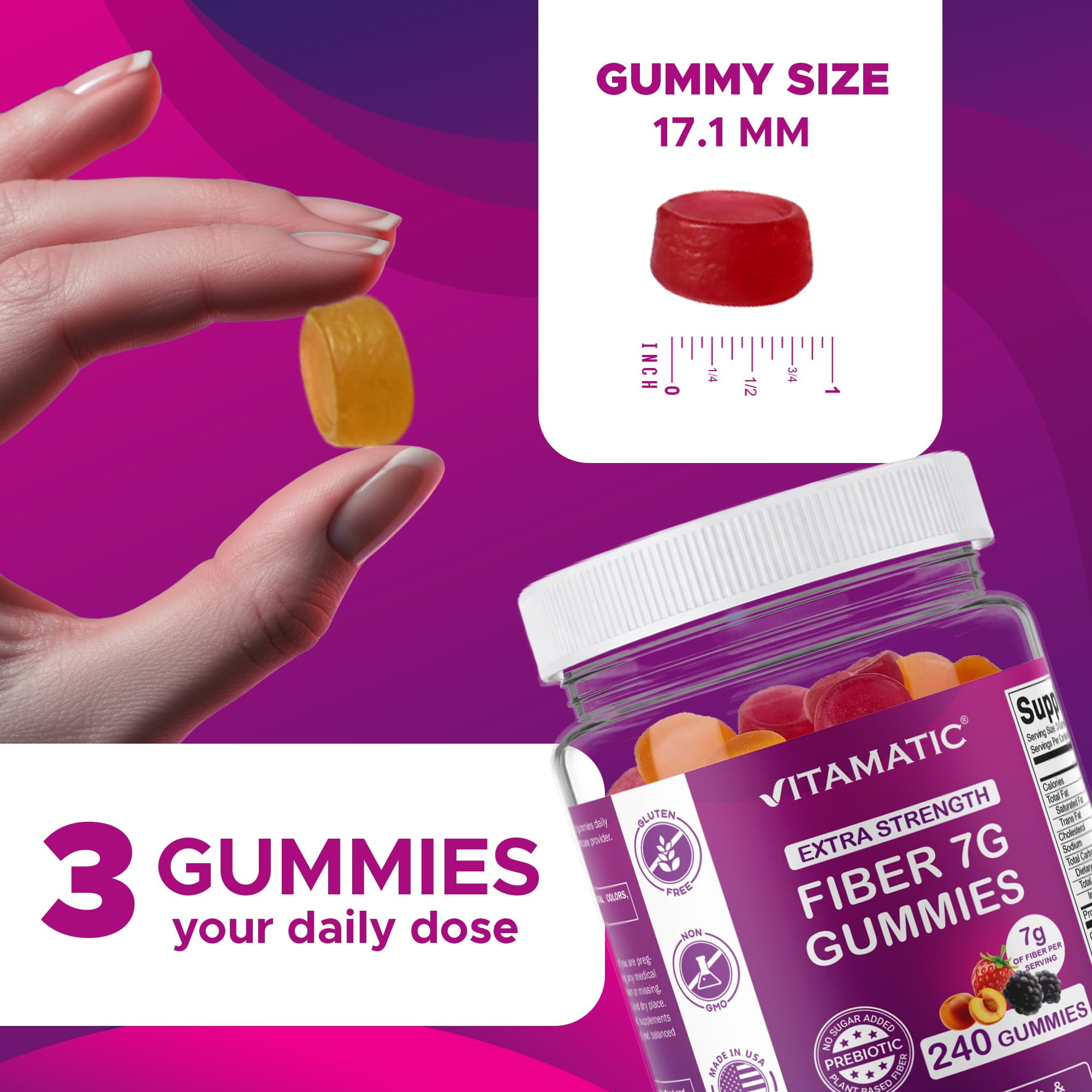 Vitamatic frasco abierto con gomitas visibles para acceso fácil