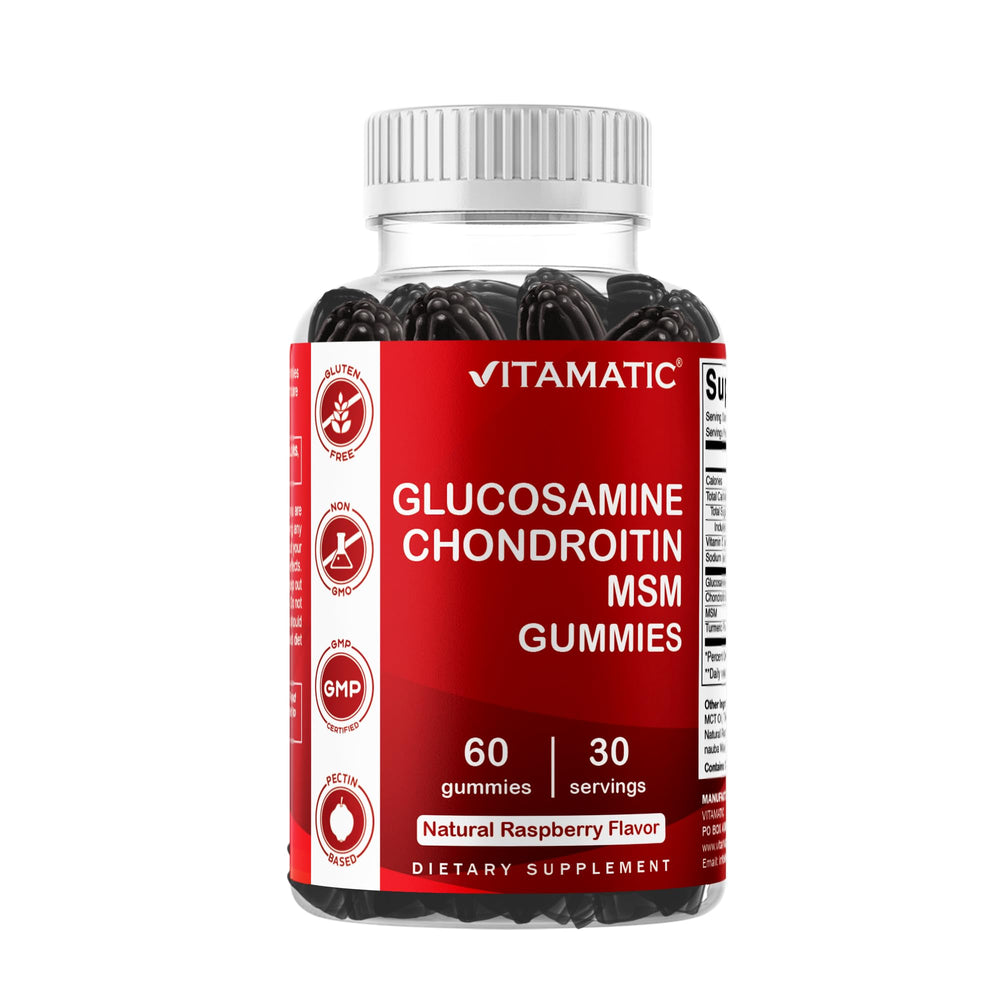Vitamatic frasco frontal mostrando 60 gomitas y caja clara beneficio conveniencia