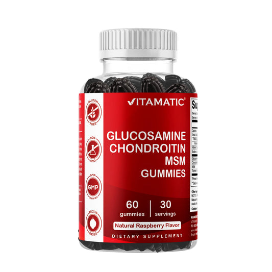 Vitamatic frasco frontal mostrando 60 gomitas y caja clara beneficio conveniencia