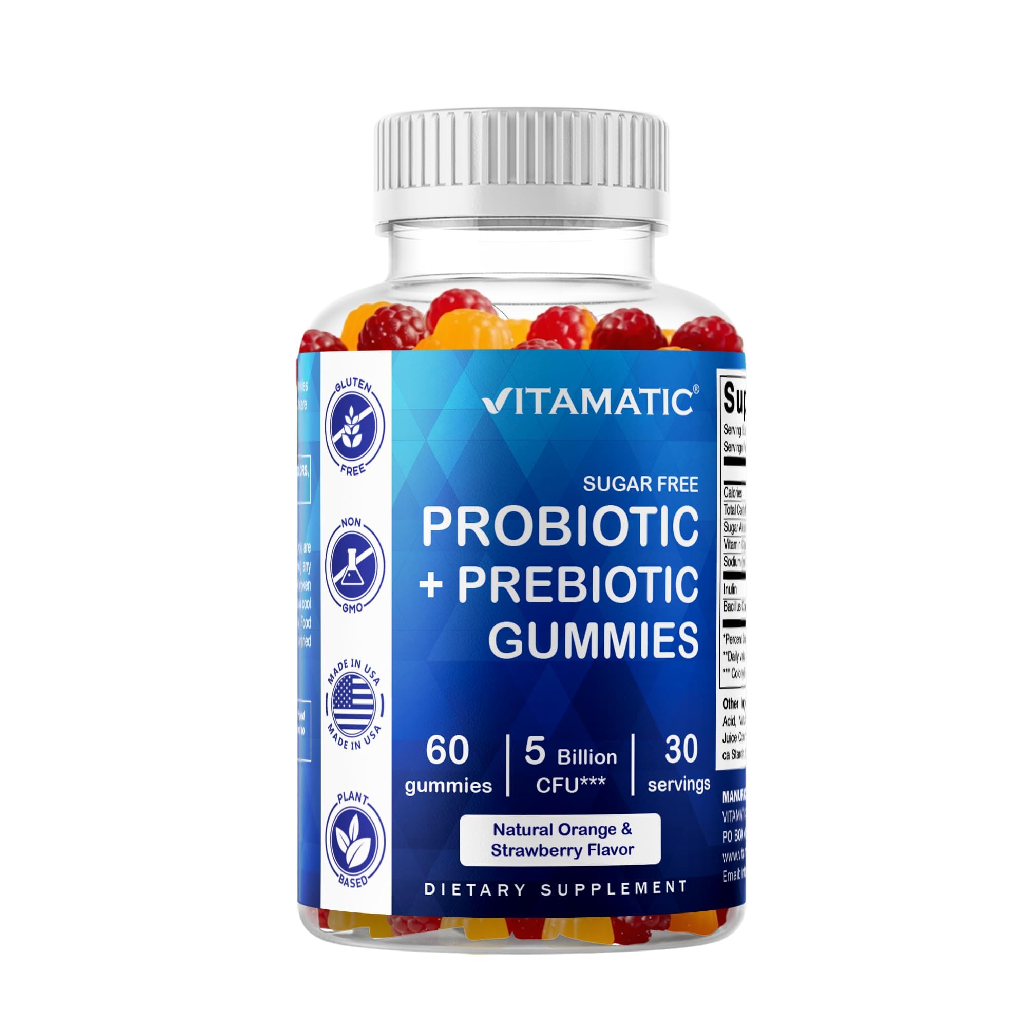 Vitamatic frasco frontal mostrando etiqueta y cantidad, confianza de calidad