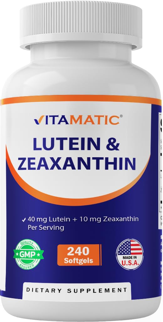 Vitamatic frasco frontal mostrando 240 softgels y aporte de luteína