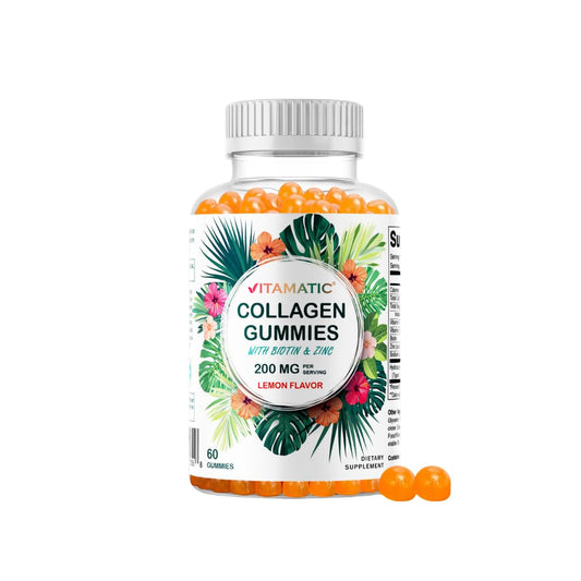 Vitamatic frasco frontal mostrando 60 gomitas con información clara