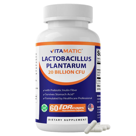 Vitamatic envase frontal mostrando 60 cápsulas, claridad del producto y confianza