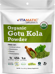 Vitamatic envase frontal de Gotu Kola orgánico mostrando etiqueta clara y beneficio de pureza