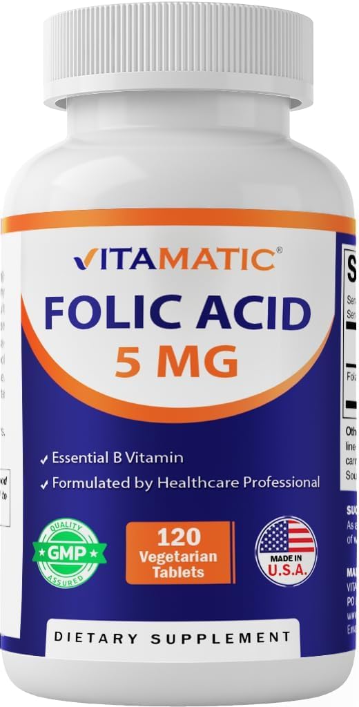Vitamatic envase frontal que muestra ácido fólico 5 mg, potencia y claridad