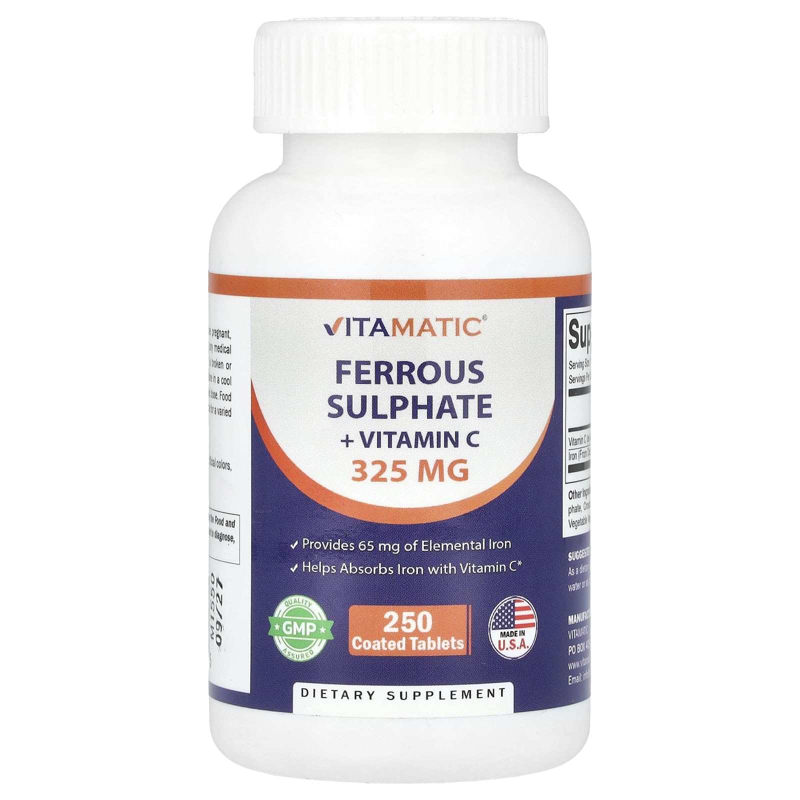 Vitamatic envase frontal mostrando dosis y sin colorantes, claridad informativa