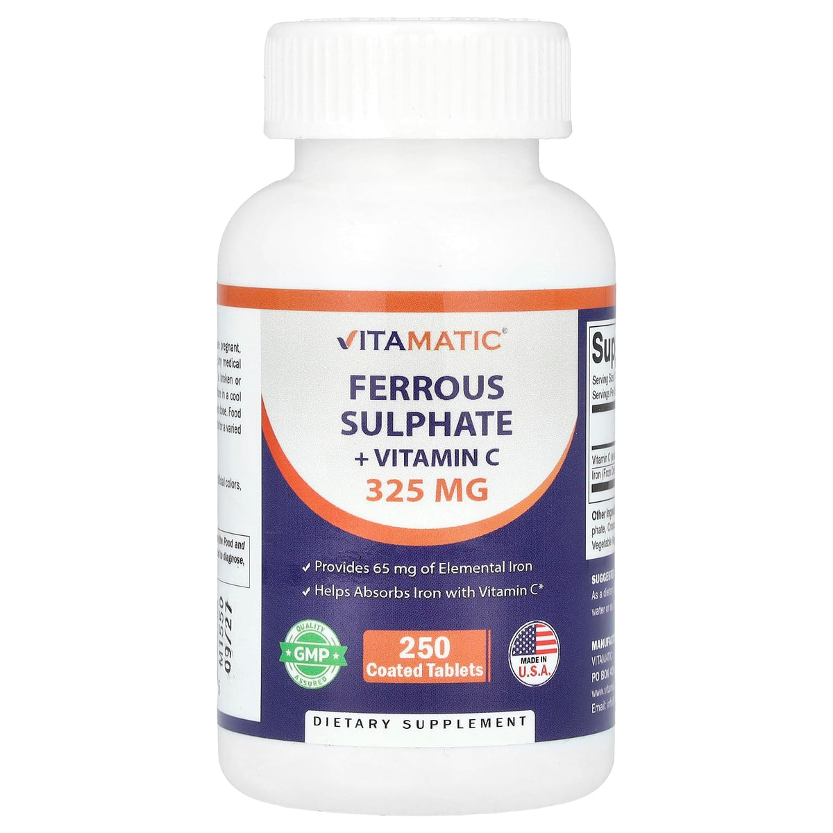 Vitamatic envase frontal mostrando dosis y sin colorantes, claridad informativa