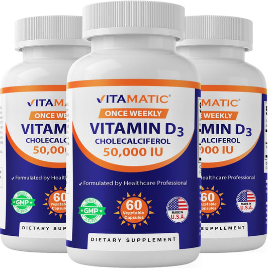 Vitamatic envase frontal mostrando etiqueta clara y beneficio de dosis semanal