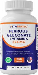 Vitamatic envase frontal mostrando 250 tabletas y beneficios visibles