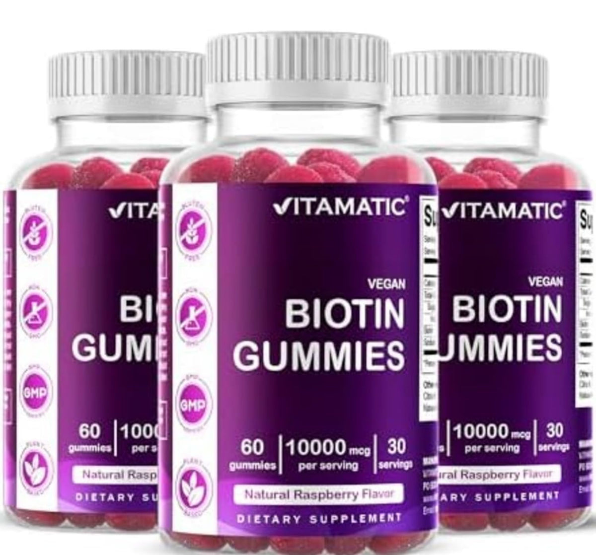 Vitamatic frontal del envase que muestra gomitas y beneficio de dosificación conveniente