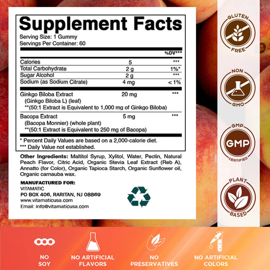 Gomitas Vitamatic sabor durazno para concentración sostenida.