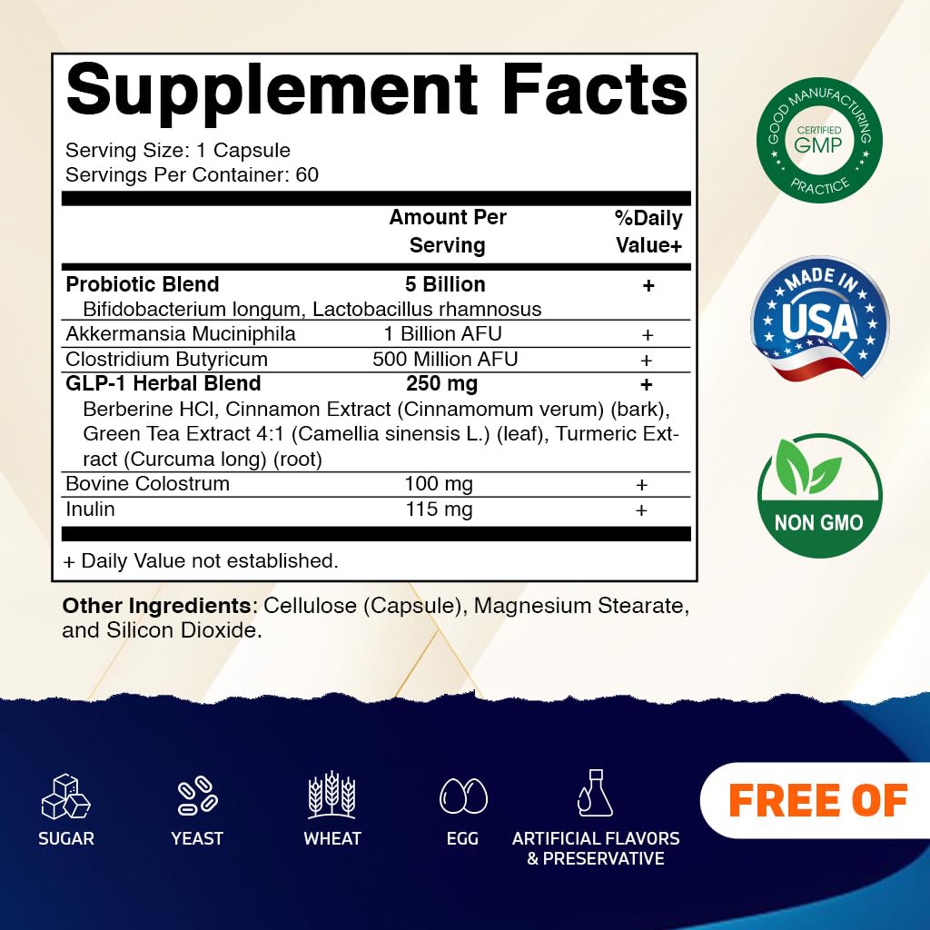 Vitamatic GLP-1 Support label close-up highlighting Akkermansia and ingredients
