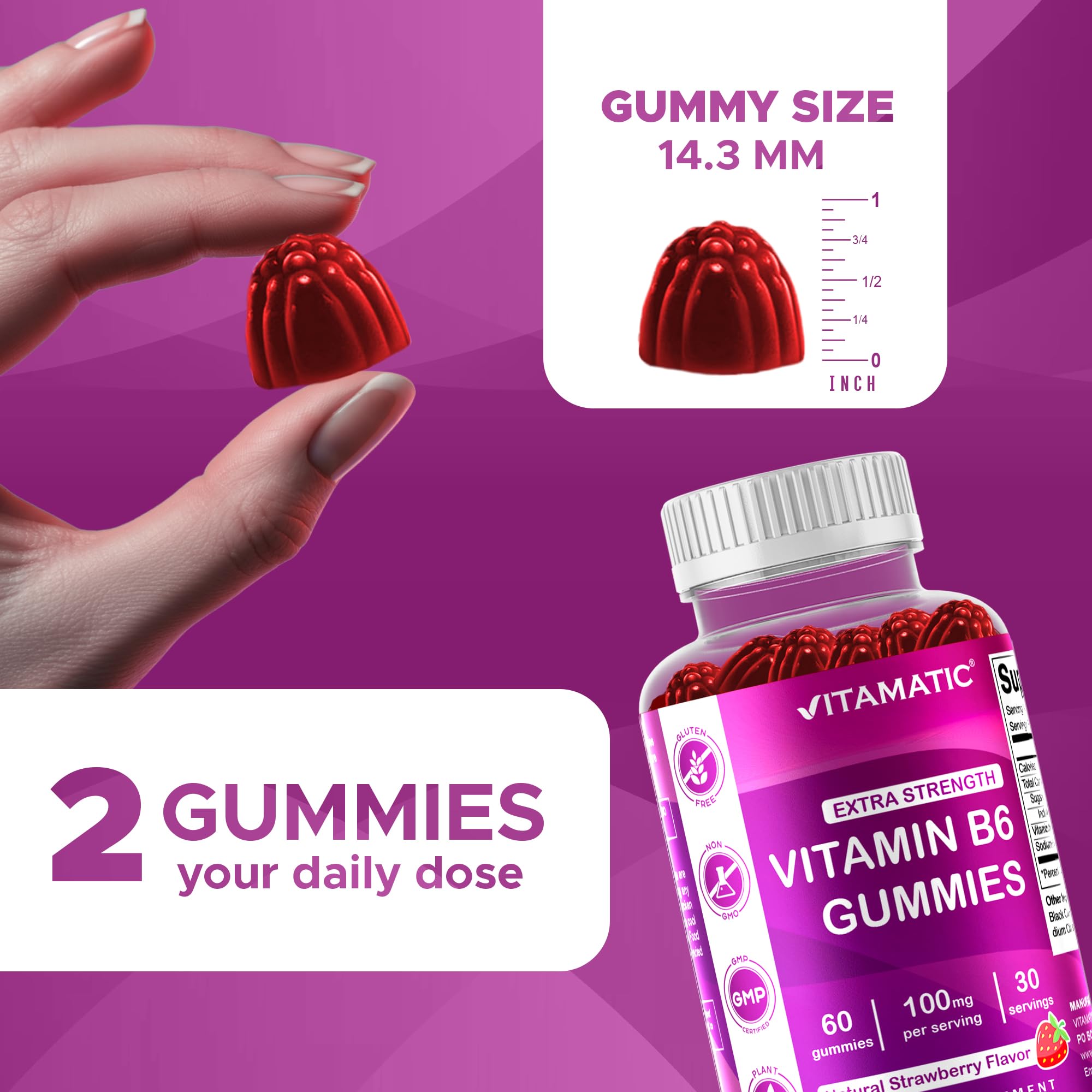 Vitamatic gomita en mano para ver tamaño y facilidad de consumo