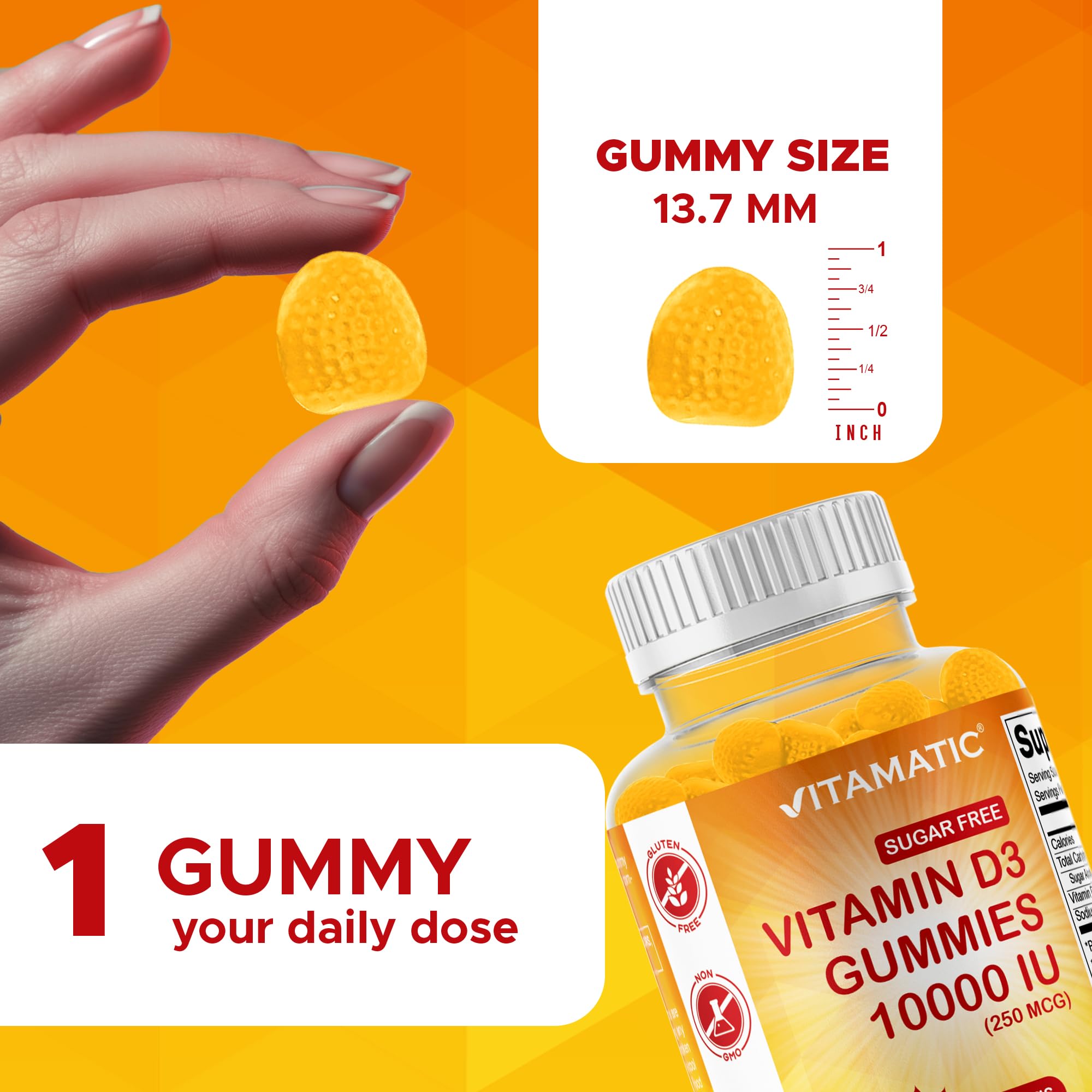 Vitamatic gomita en mano que ilustra tamaño de la porción fácil de masticar