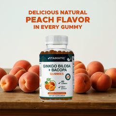 Vitamatic gomitas junto a durazno natural indicando sabor real y apetecible