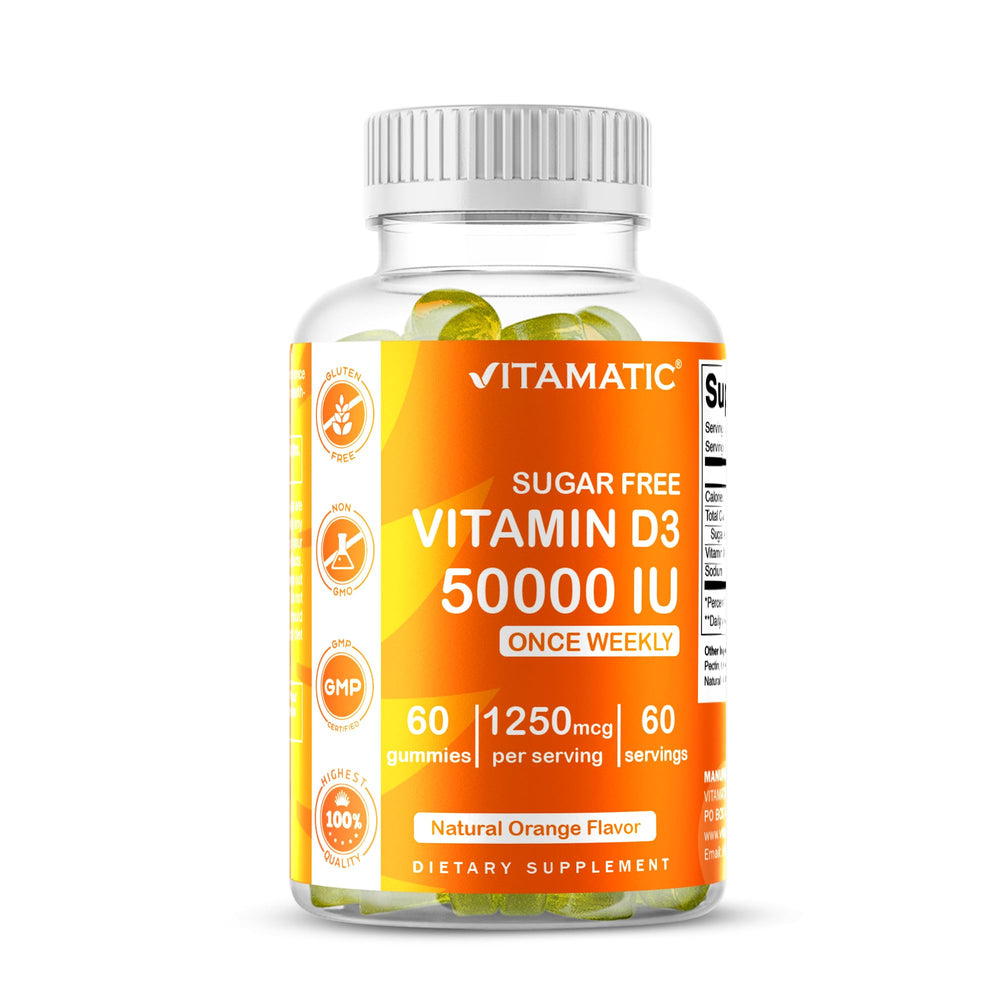 Vitamatic gomitas D3 vista frontal, frasco claro y información visible