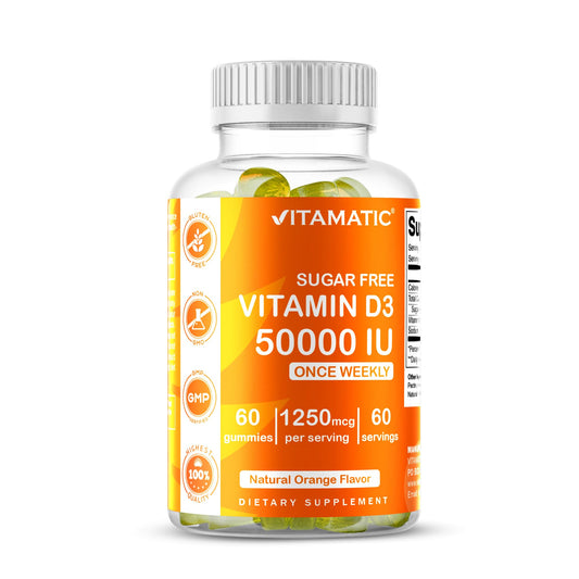 Vitamatic gomitas D3 vista frontal, frasco claro y información visible