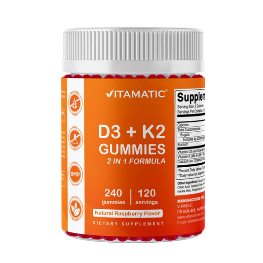 Vitamatic gomitas D3-K2 240 cantidad: sabor frambuesa natural para huesos sanos